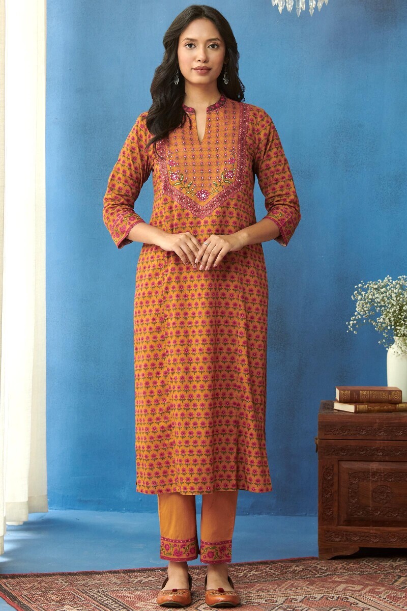 Mustard Printed Straight Cotton Kurta