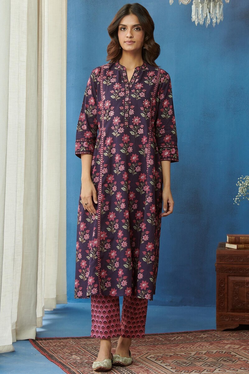 Purple Hand Printed A-Line Cotton Kurta