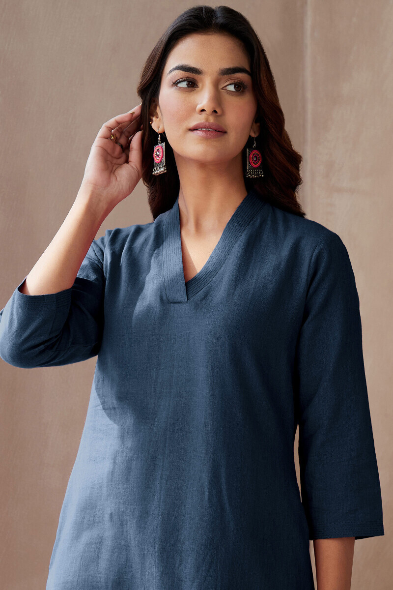 Blue Handcrafted Straight Cotton Flax Kurta