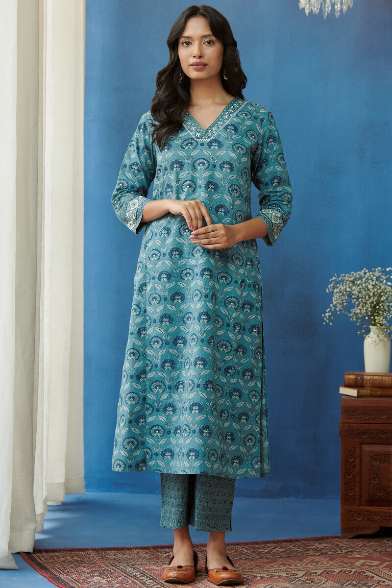 Blue Hand Printed Straight Cotton Kurta