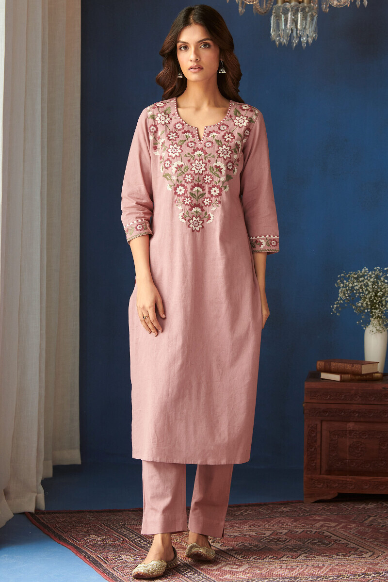 Pink Printed Straight Cotton Flax Kurta