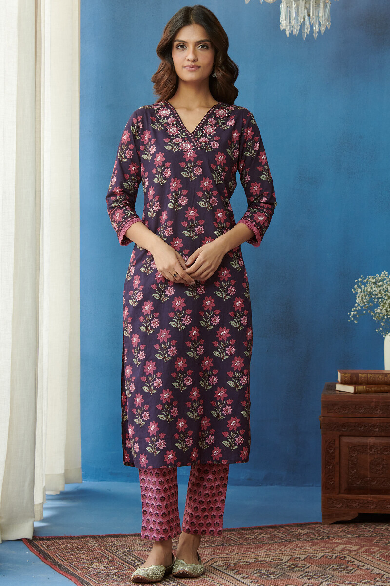 Purple Hand Printed Straight Cotton Kurta
