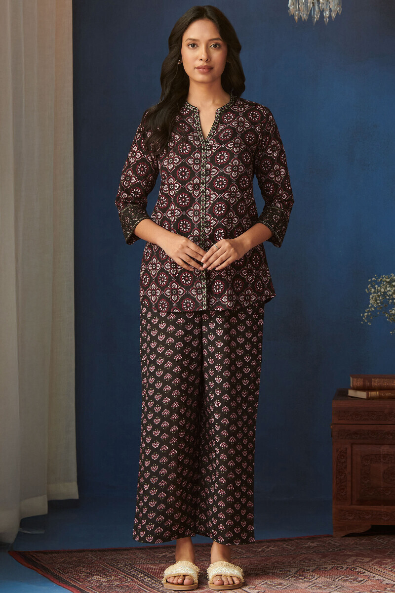 Black Hand Printed Cotton Dobby Loungewear Set