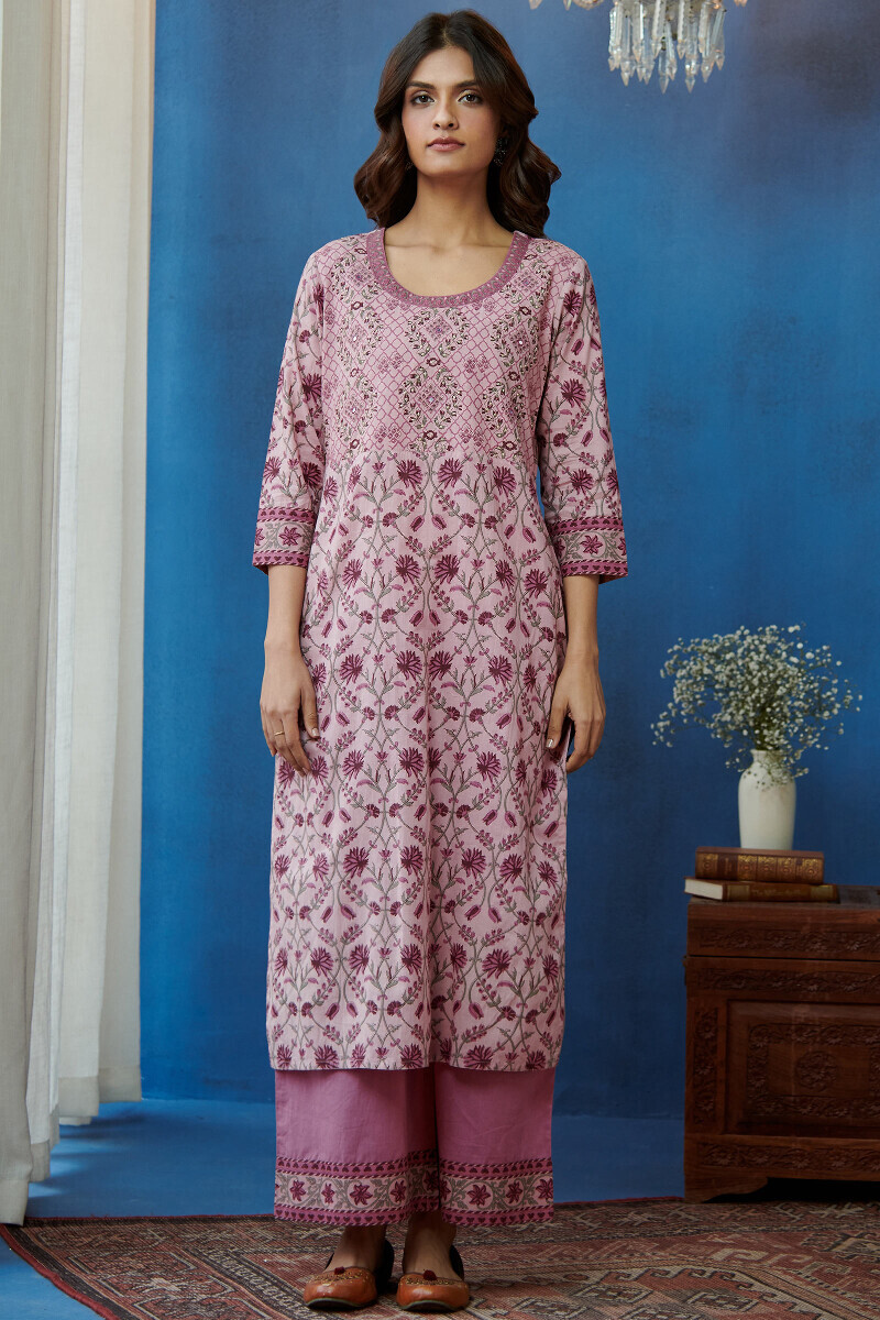 Pink Hand Printed Straight Cotton Kurta