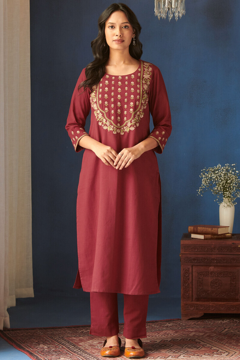 Red Handcrafted Straight Cotton Flax Kurta
