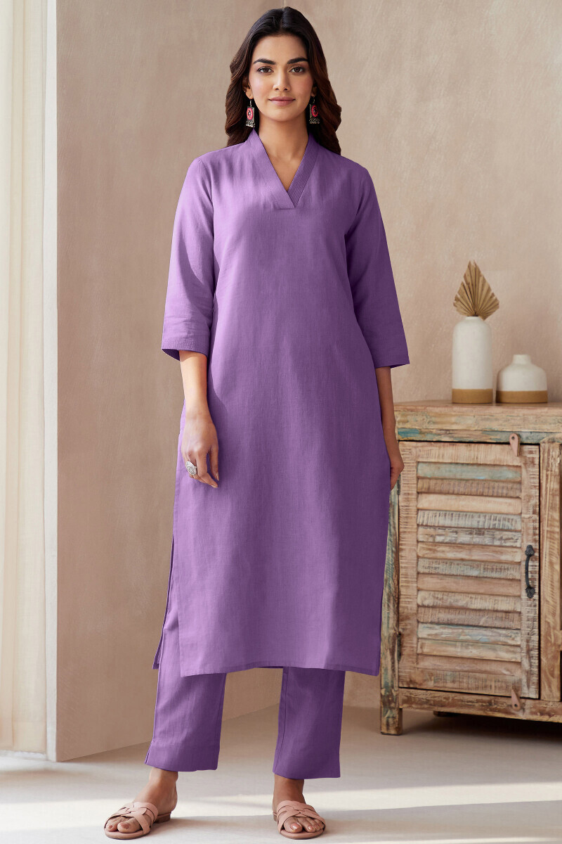 Purple Handcrafted Cotton Flax Narrow Pants