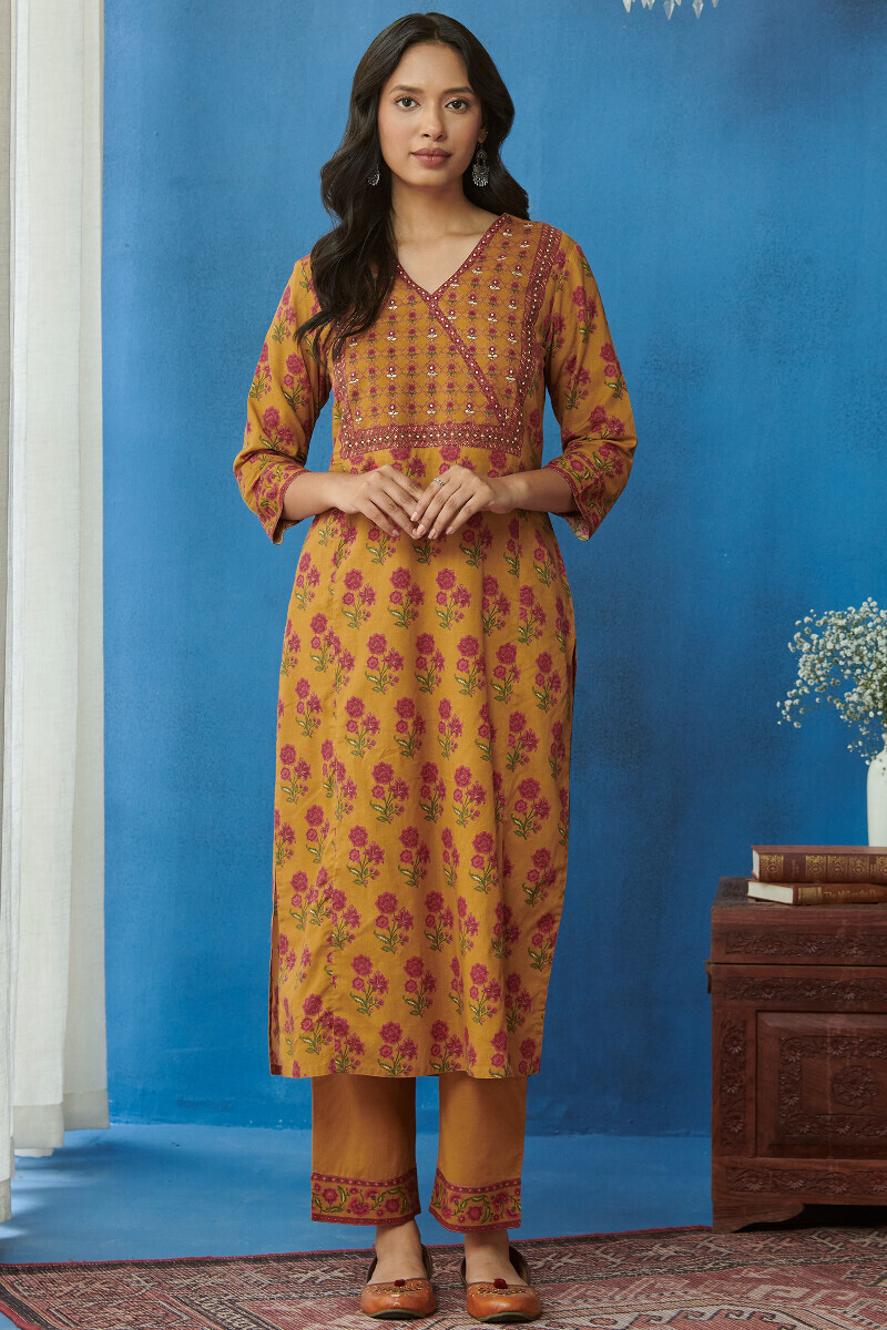 Mustard Printed Straight Cotton Kurta