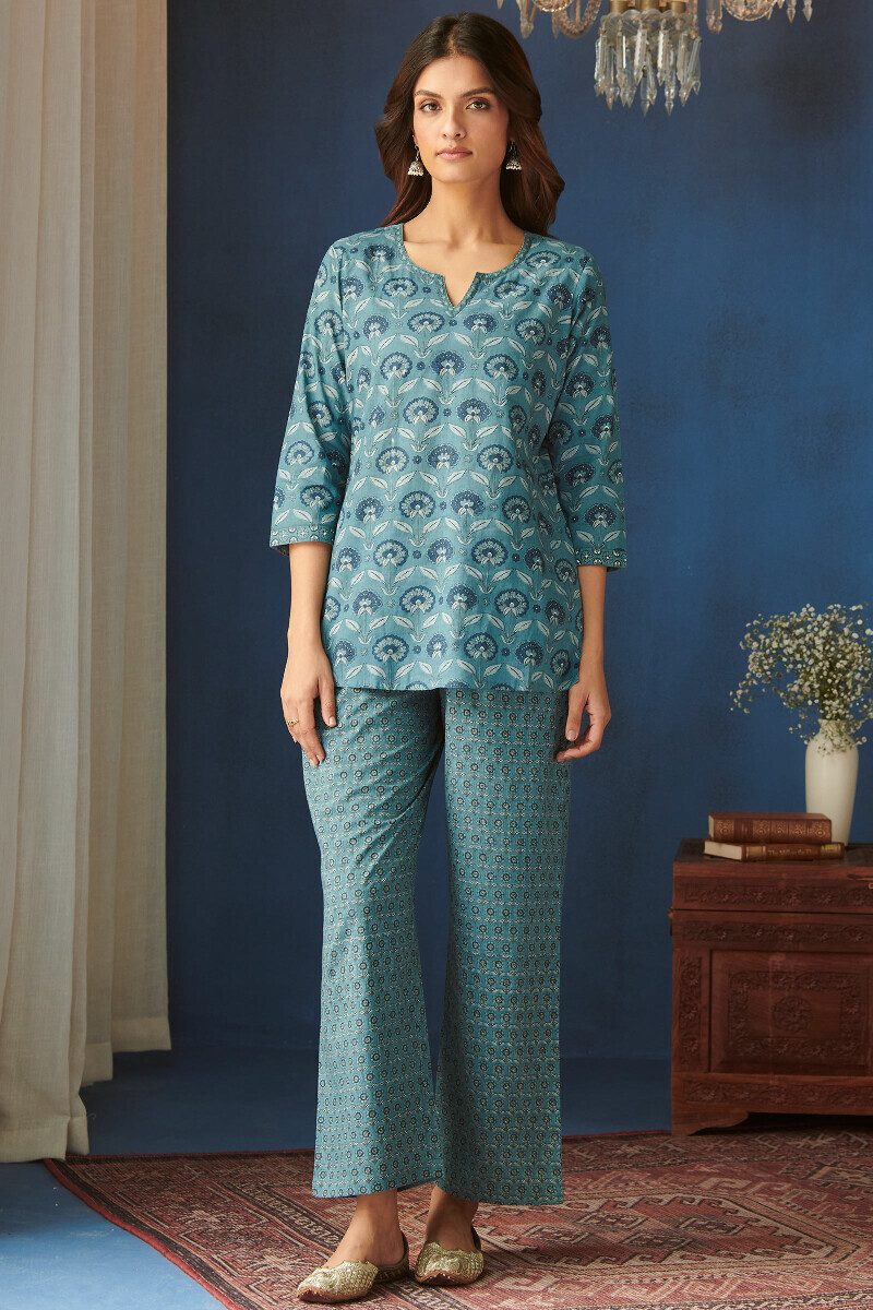 Blue Hand Printed Cotton Loungewear Set