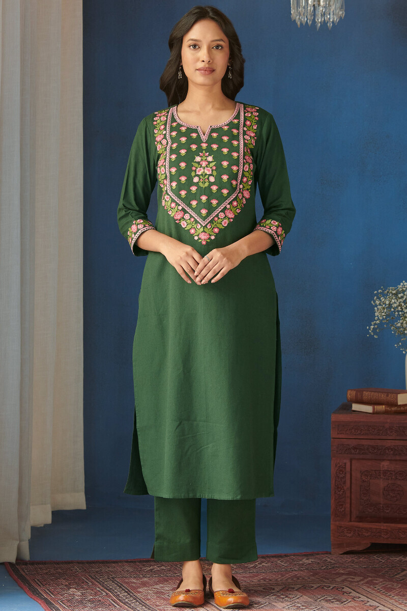 Green Handcrafted Straight Cotton Flax Kurta