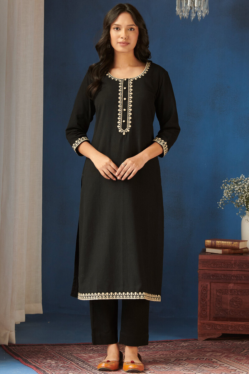 Black Handcrafted Straight Cotton Flax Kurta