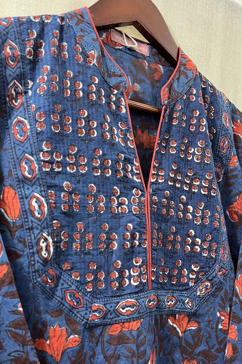 Indigo Hand Block-Printed Straight Cotton Kurta
