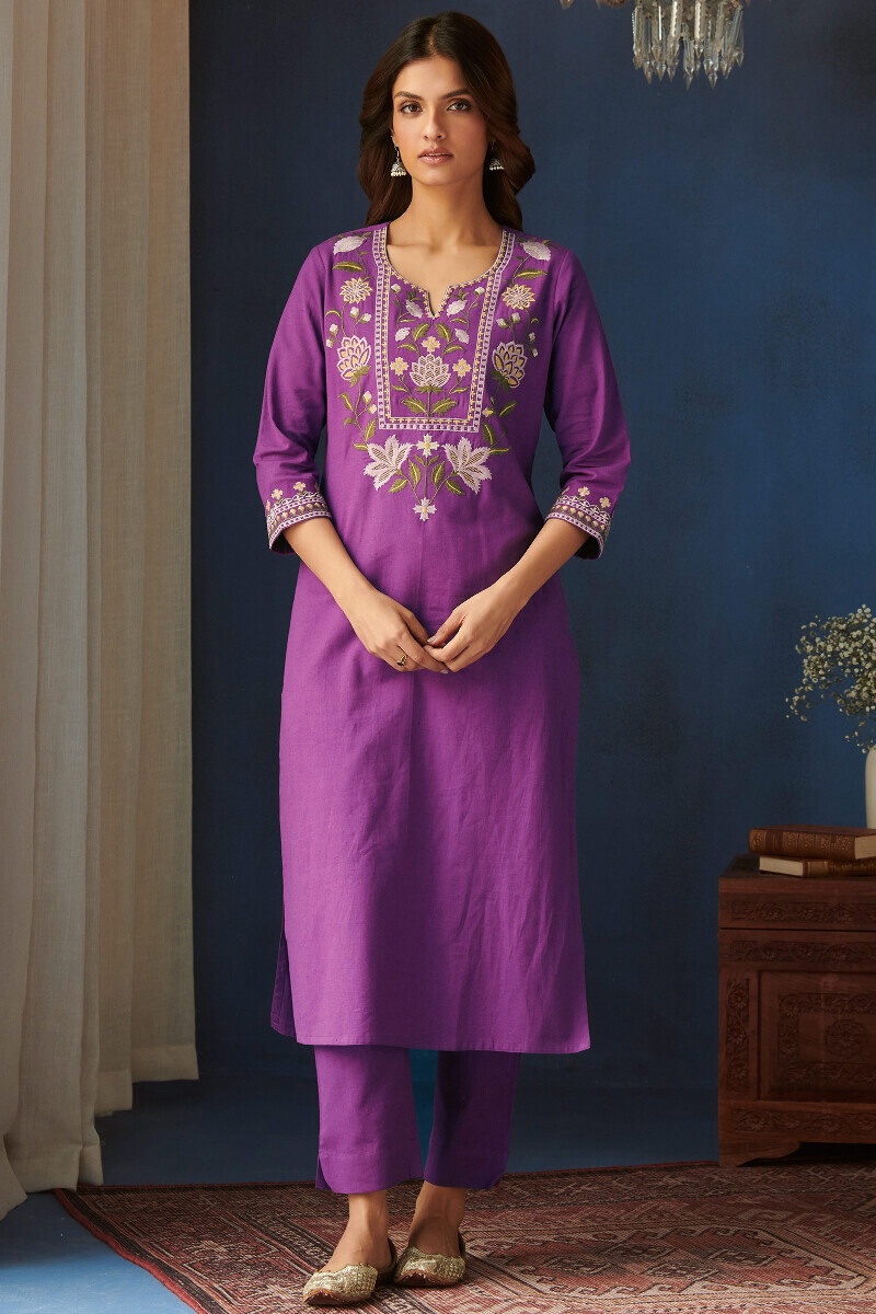 Purple Handcrafted Straight Cotton Flax Kurta