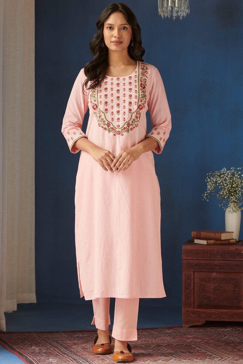 Pink Handcrafted Straight Cotton Kurta