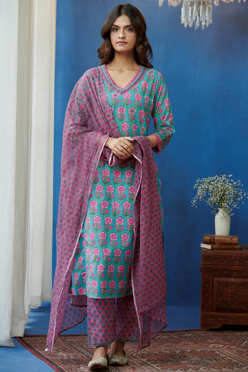 Pink Hand Printed Cotton Slub Narrow Pants