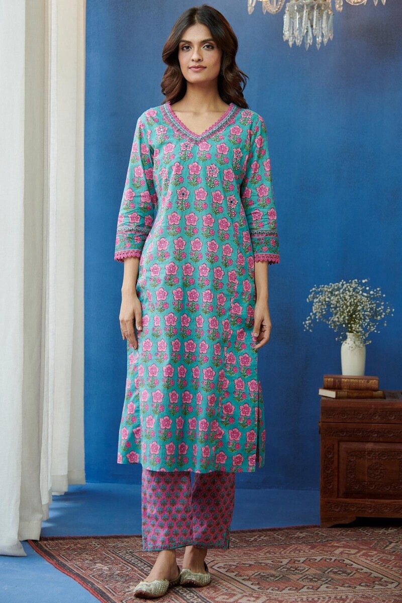 Blue Hand Printed Straight Cotton Slub Kurta