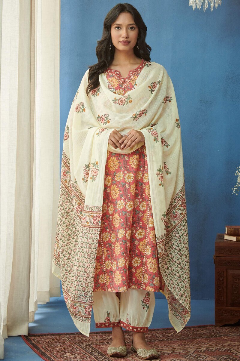 Cream Hand Printed Kota Dupatta