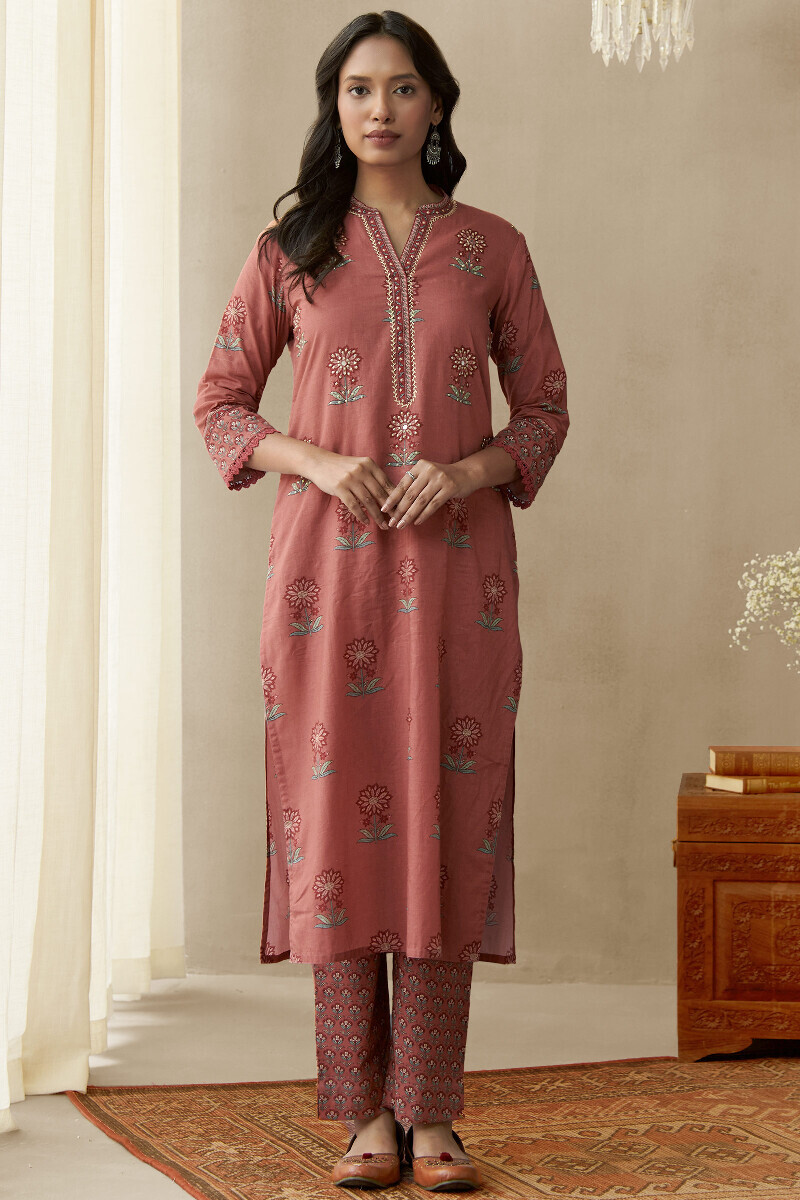 Rust Printed Straight Cotton Kurta