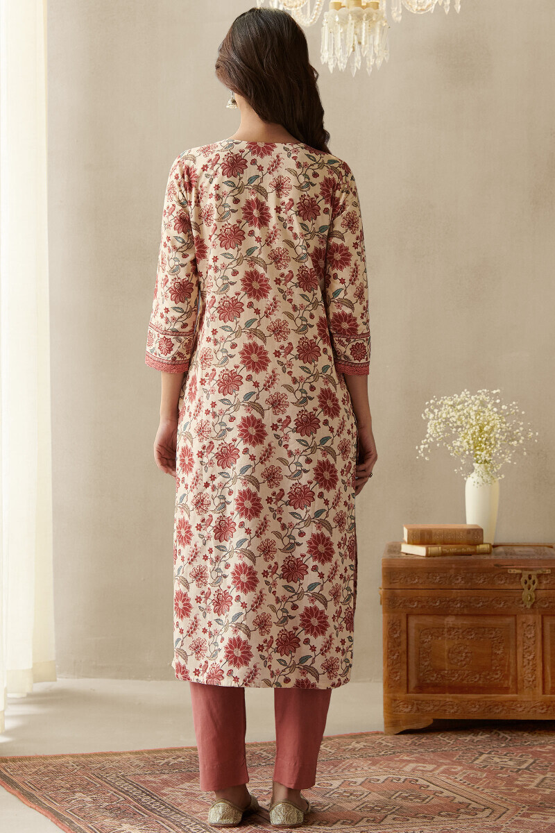 Cream Printed Straight Cotton Kurta