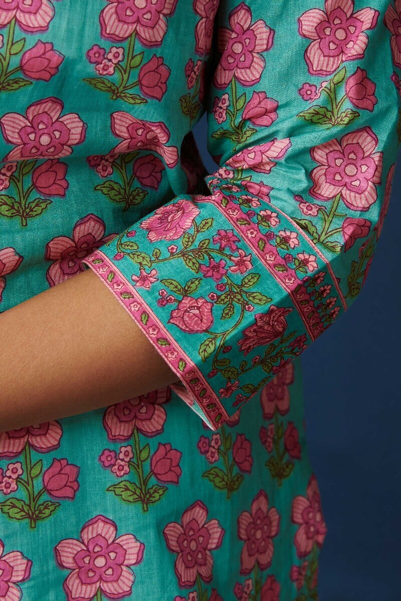 Blue Hand Printed Cotton Slub Loungewear Set