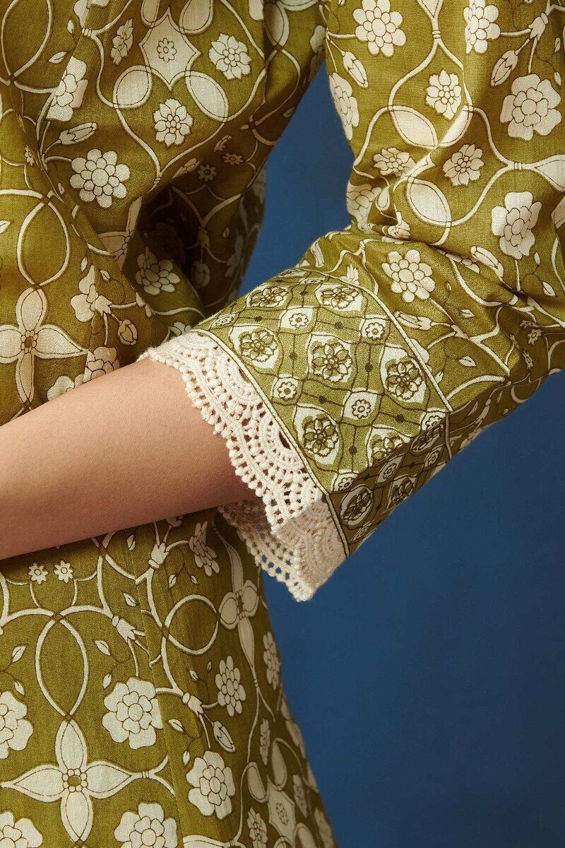 Green Hand Printed Anarkali Cotton Kurta