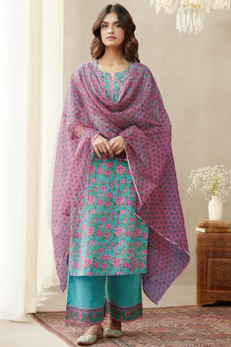Blue Handcrafted Cotton Slub Farsi