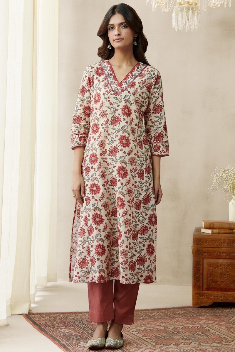 Cream Printed Straight Cotton Kurta