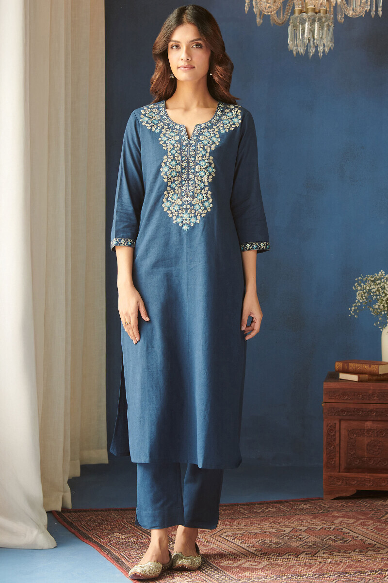 Blue Handcrafted Straight Cotton Kurta