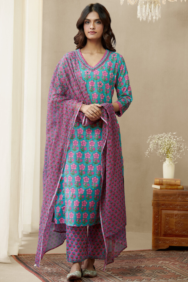 Blue Hand Printed Straight Cotton Slub Kurta