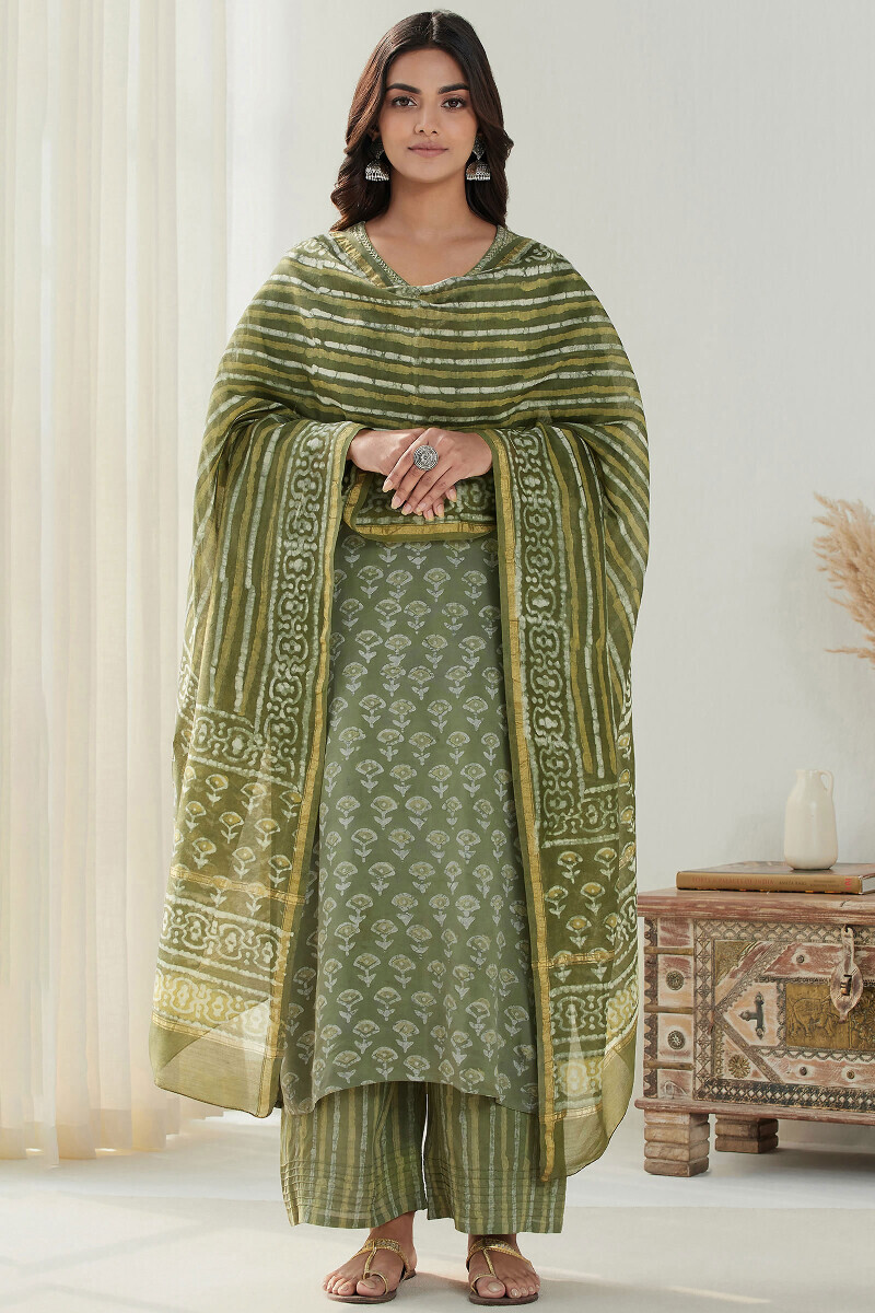 Green Hand Block-Printed Straight Viscose Kurta