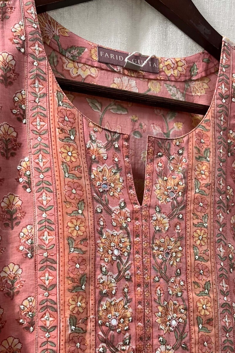 Peach Hand Block-Printed Straight Cotton Kurta