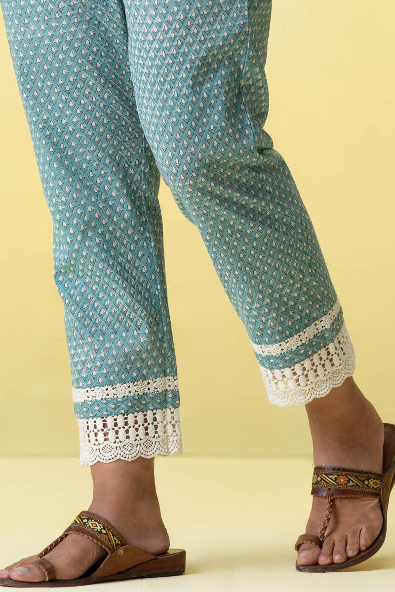 Blue Block Printed Cotton Narrow Pants