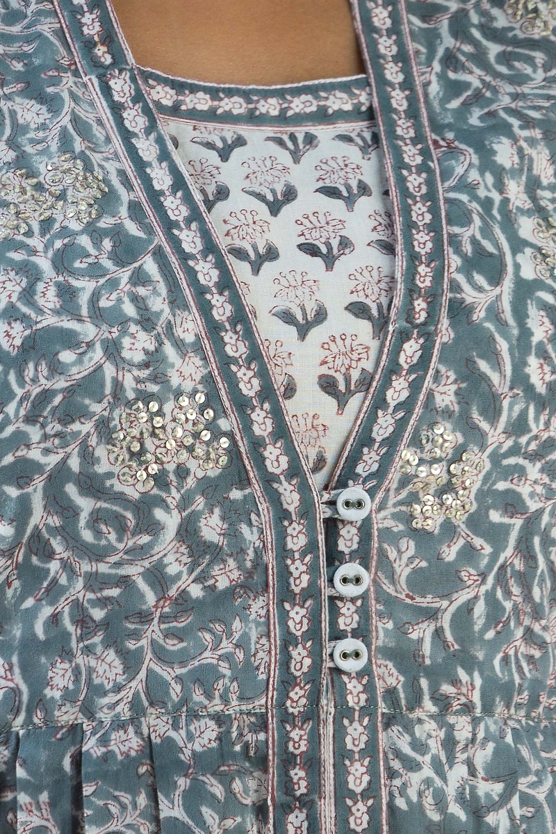 Grey Block Printed A-Line Cotton Kurta
