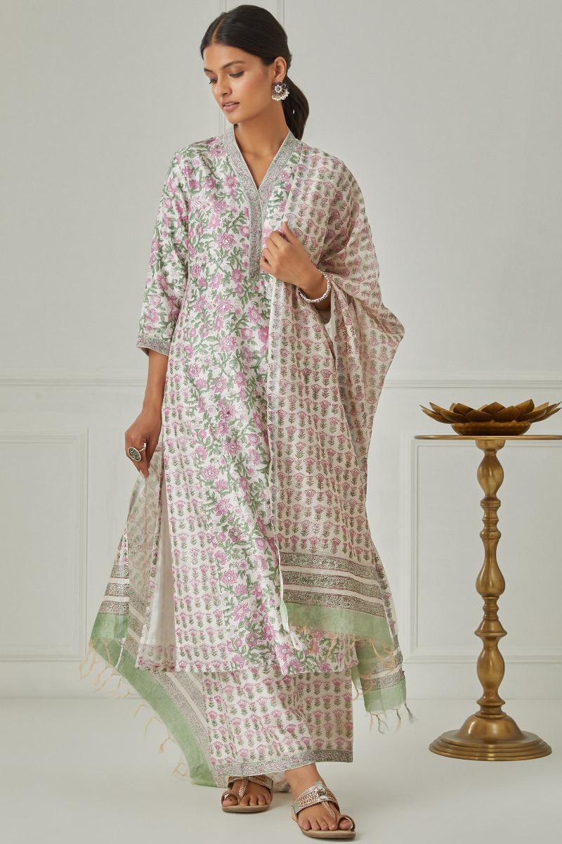 White Block Printed Chanderi Farsi