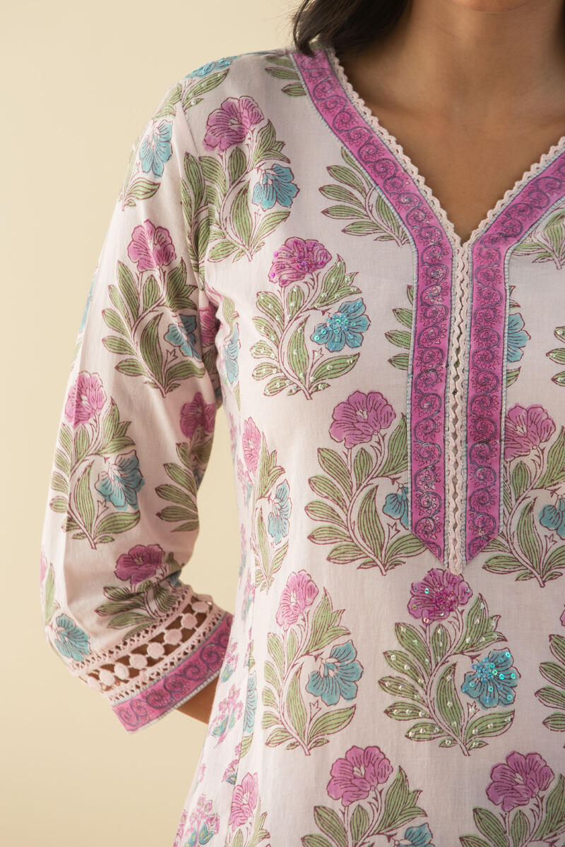 Purple Block Printed Straight Cotton Kurta