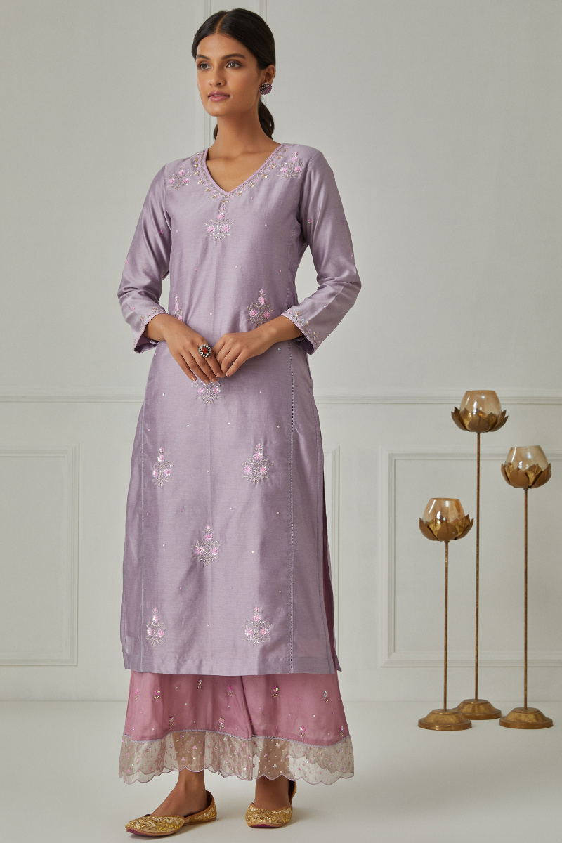 Purple Handcrafted Straight Chanderi Kurta