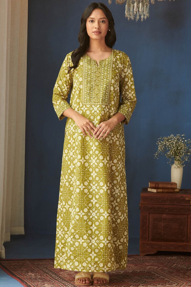 Green Hand Printed Cotton Kaftan