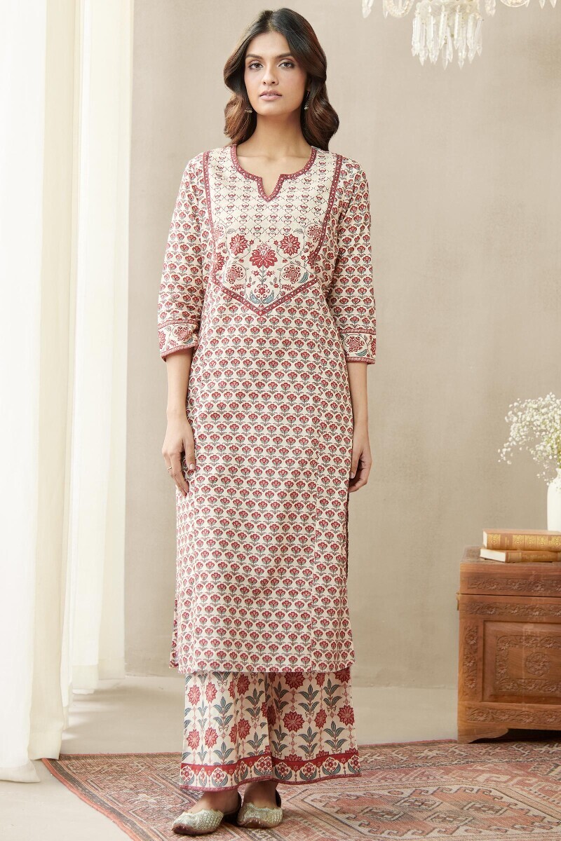 Cream Printed Straight Cotton Kurta