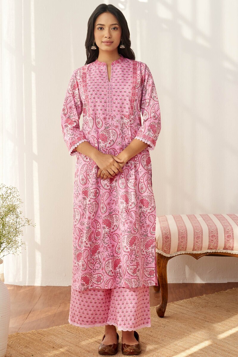 Pink Hand Printed Straight Cotton Kurta