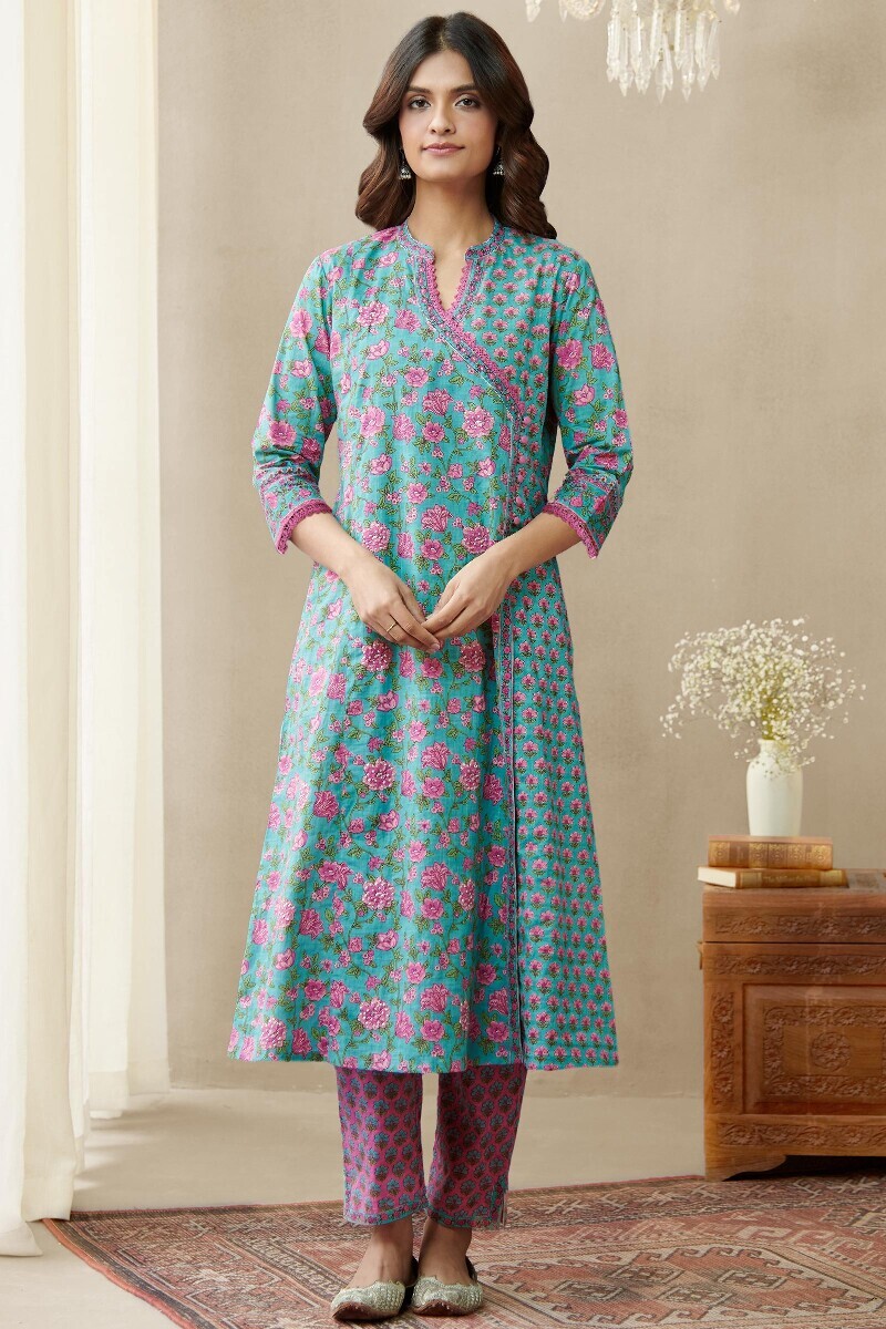 Blue Hand Printed Angrakha Cotton Slub Kurta
