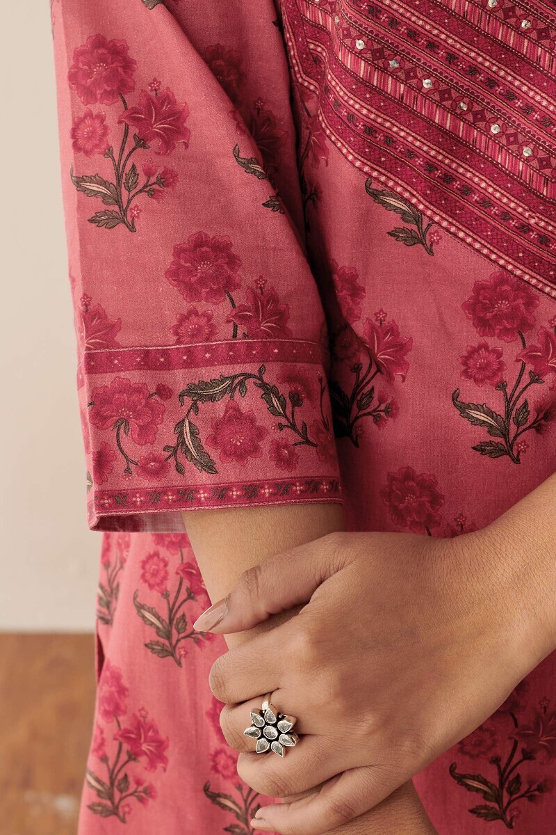Pink Printed Straight Cotton Kurta