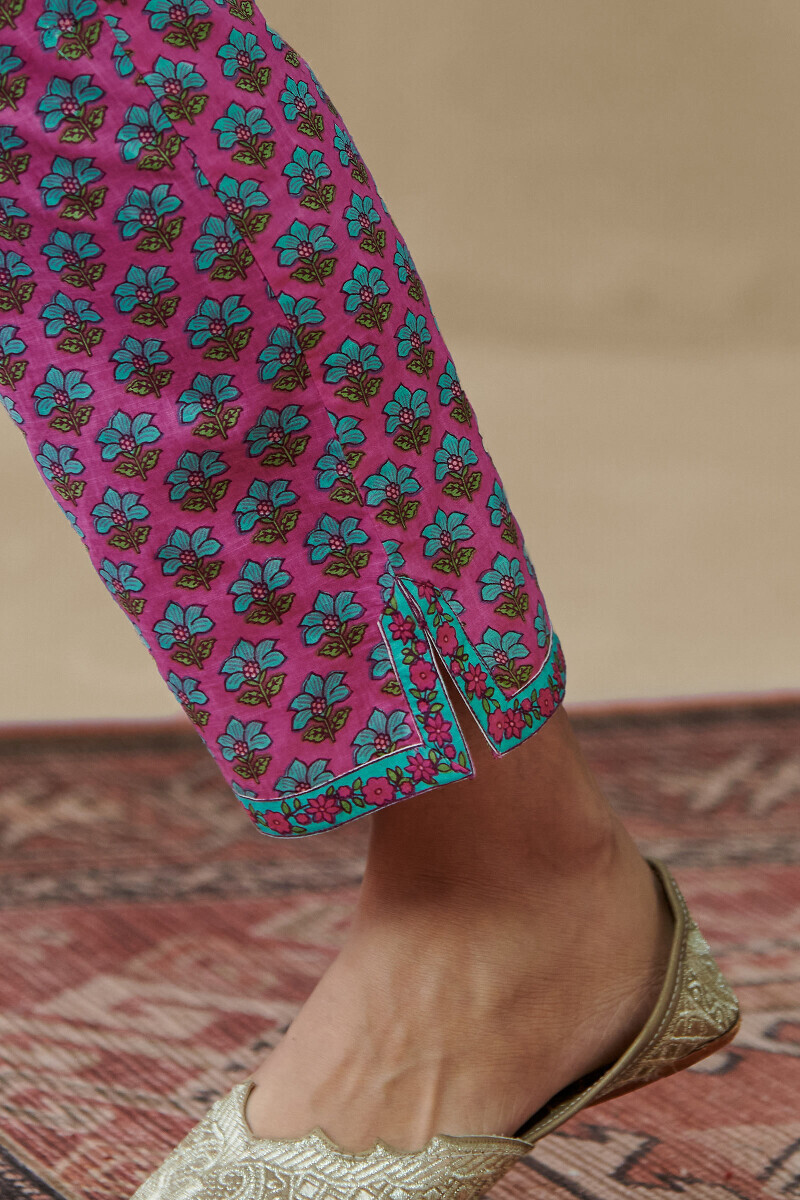 Pink Hand Printed Cotton Slub Narrow Pants
