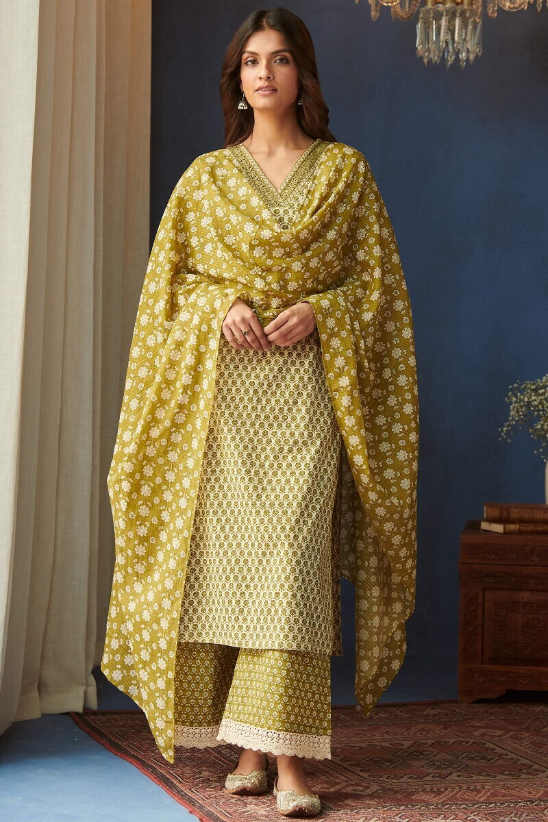 Cream Hand Printed Straight Cotton Kurta