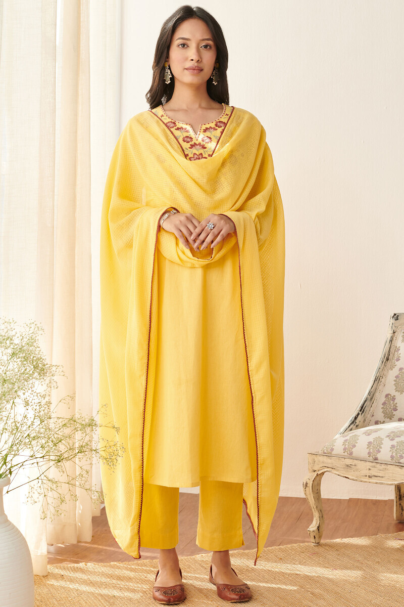 Yellow Handcrafted Cotton Flax Narrow Pants