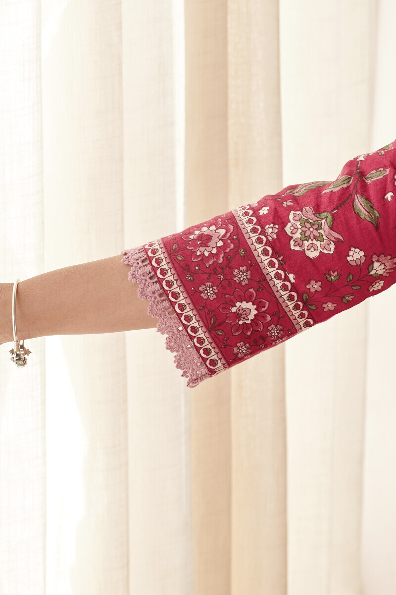 Red Hand Printed Angrakha Cotton Kurta