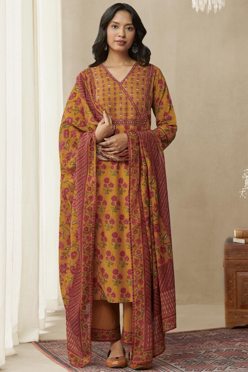 Mustard Printed Straight Cotton Kurta