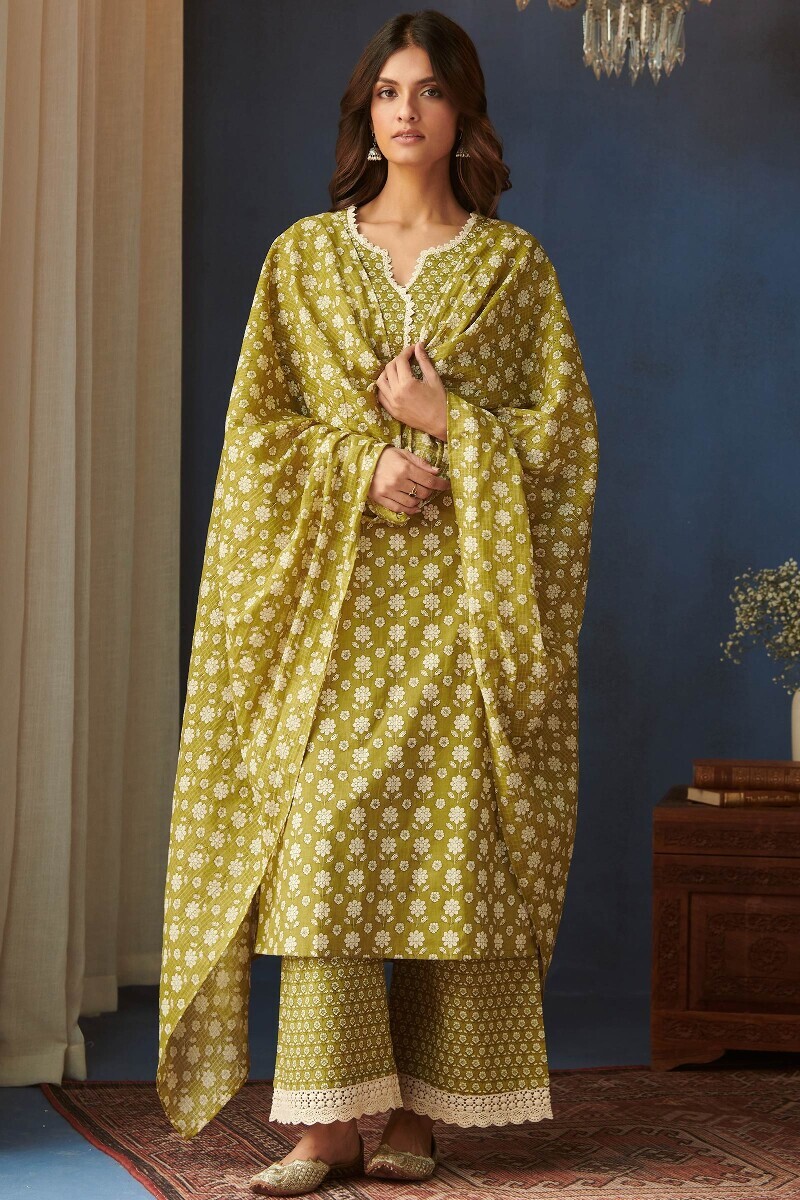 Green Hand Printed Straight Cotton Kurta