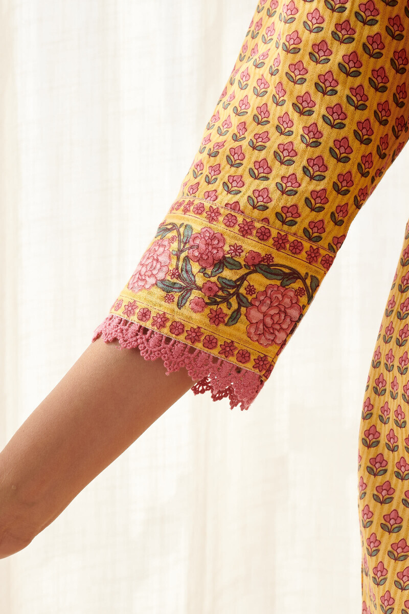Yellow Hand Printed Straight Cotton Dobby Kurta