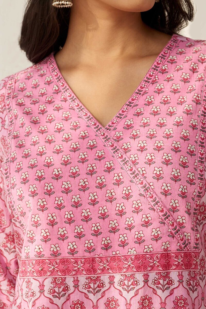 Pink Hand Printed Straight Cotton Kurta