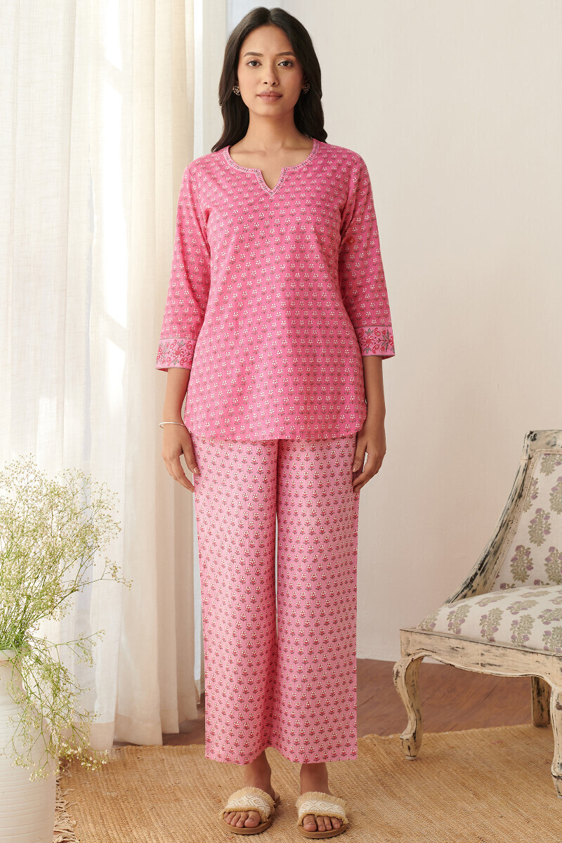 Pink Hand Printed Cotton Loungewear Set