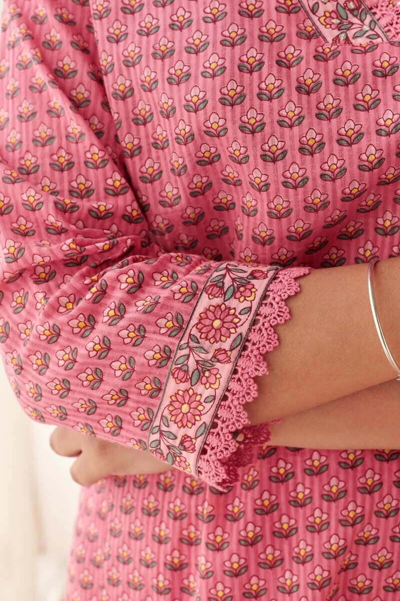 Pink Hand Printed Straight Cotton Dobby Kurta